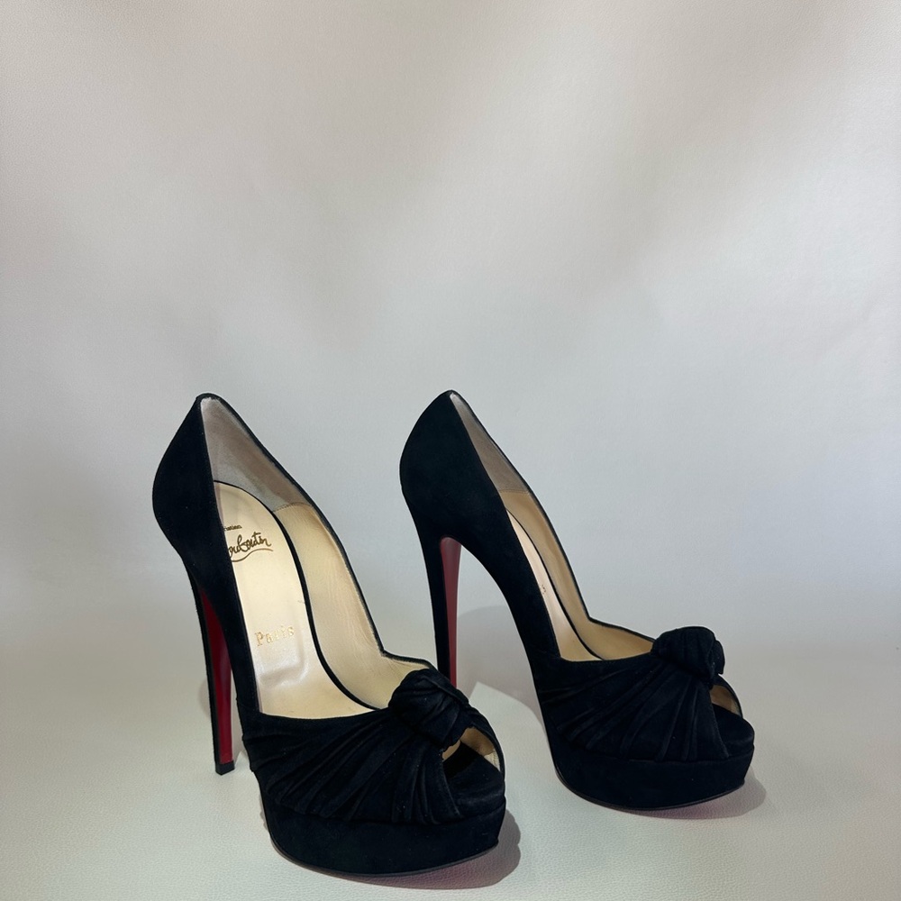 Christian Louboutin Greissimo Black Suede Knot Peep Toe Platform Pumps